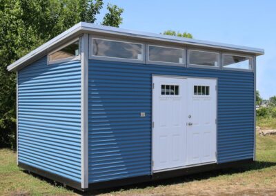 10x16 Modern Building Ocean Blue with Light Gray Trim. 6’ 4 Lite Double Door